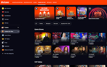 Catálogo de casino en vivo de Betano.