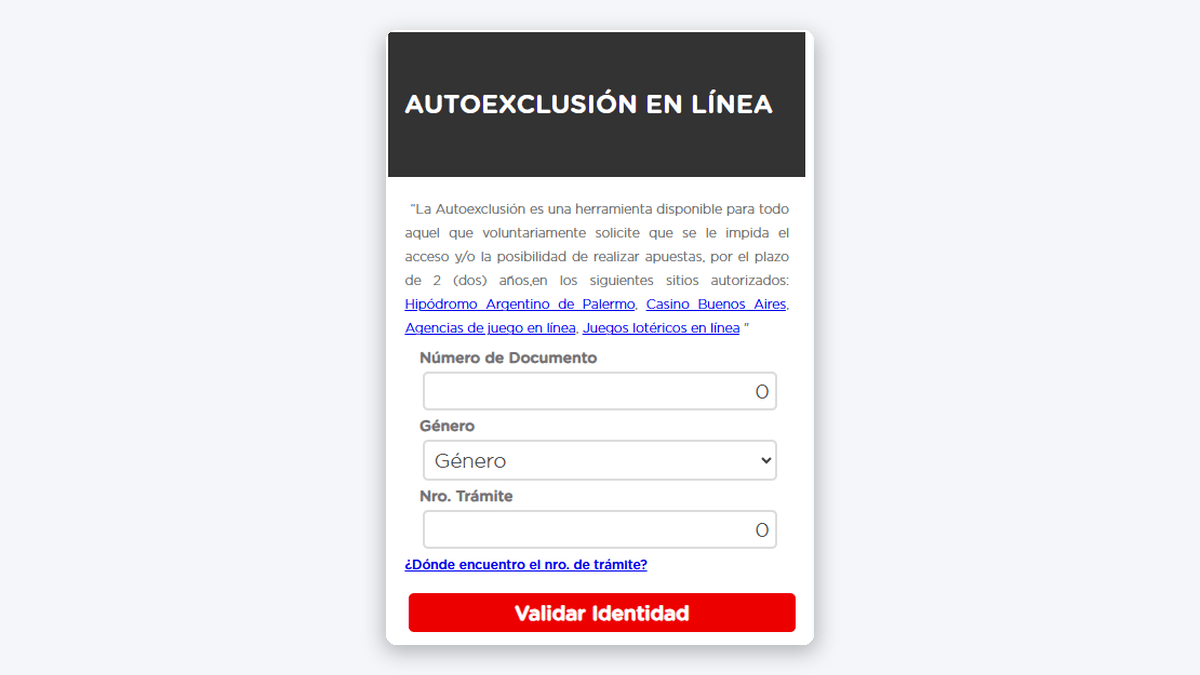 Formulario de autoexclusión en línea de LOTBA