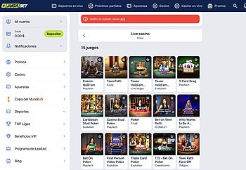 Mesas de casino en vivo de JugaBet con proveedores.