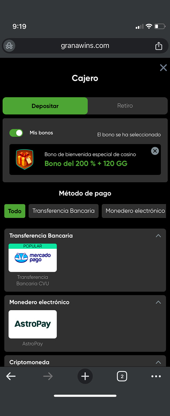 Métodos de pago disponibles para depositar en Granawin.