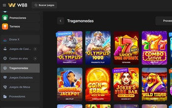 Sección de tragamonedas disponibles en W88