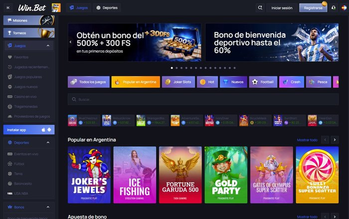 Página principal de Win.bet con el bono de bienvenida