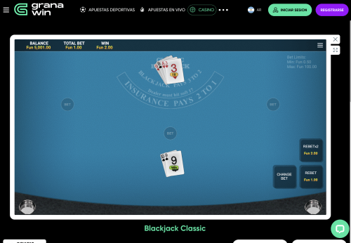 Partida de Classic Blackjack en el casino online GranaWin.