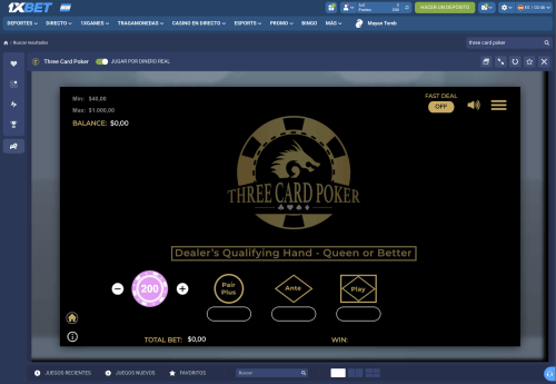 Partida de Three Card Poker en el casino online 1xBet.