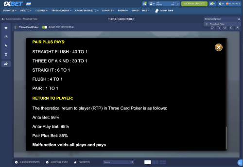 Mesa de Three Card Poker por dinero real en un casino online de Argentina.